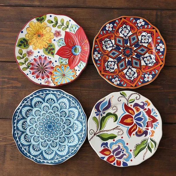 Ceramic household tableware hand drawn desktop software Japanese American tablet country style steak Western circular tray Y250108