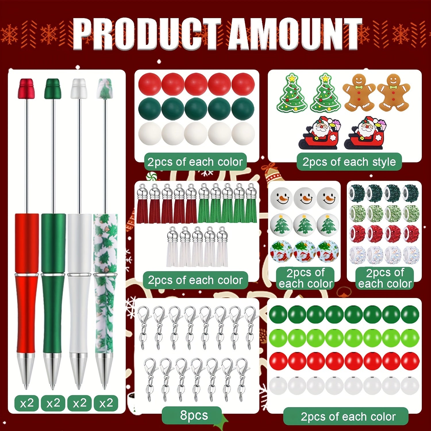 TEMU Efrey 8 Sets Christmas Beadable Pens, Silicone Beads Pens With Christmas Spacer Beads And Tassels Santa Beaded Diy Pens Christmas Ballpoint Pens