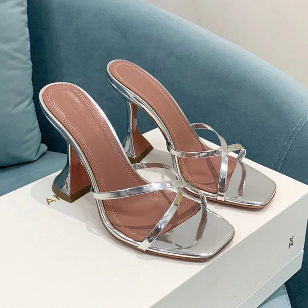 Women&#039;s heels Designers heeled sandals crystal embellishery strap slippers slip on mules evening shoes Rhinestone spool Heel With box