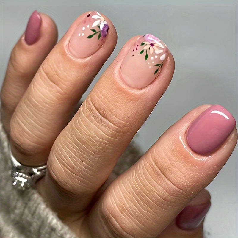 TEMU 24pcs Short Oval Press-on Nails - Pink With Green Leaves & Purple Flowers, Glossy Finish, Includes Nail File & Jelly Glue For Easy Application,