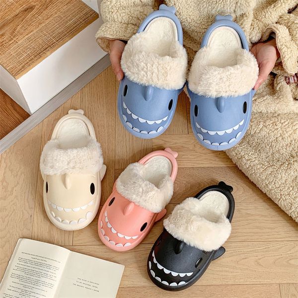 Winter Fashion Buttons Shark Slippers Men Cool Warm EVA Slides Couple Home Cotton Non-slip Flat Sandals Adults Soft Flip Flops 50