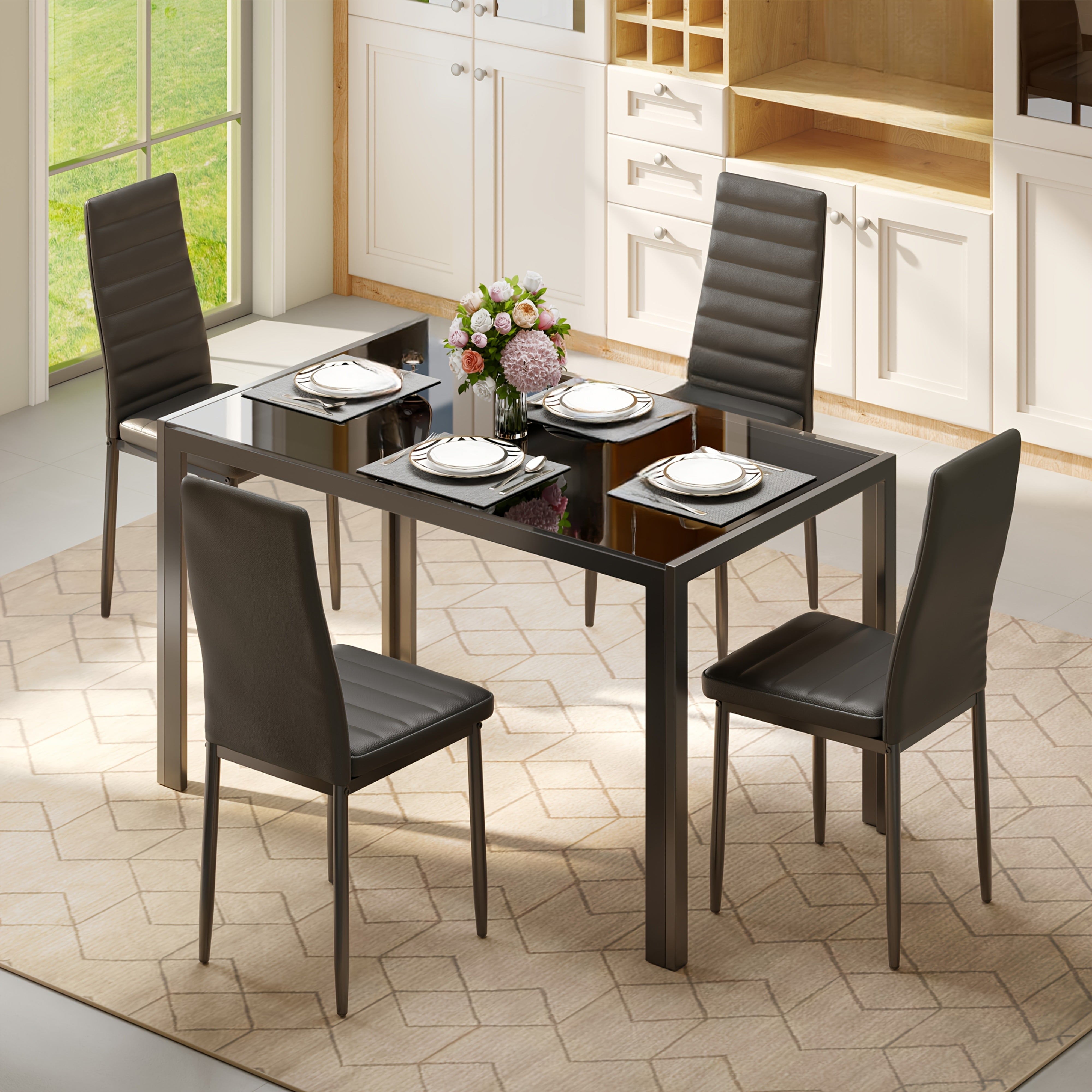 TEMU Luxurious 5pcs Glass Dining Table Set, Accommodates 4 With Plush Pu Leather Chairs. Modern Room Sets For An Elevated In Your Home, Kitchen, Or