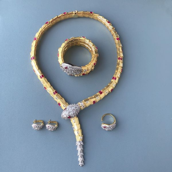 Designer Collection Style Dinner Party Choker Neckhole Necklace Bracelet Earrings Settings Diamond Plated Gold Red Eyes Snake Serpent Snakel