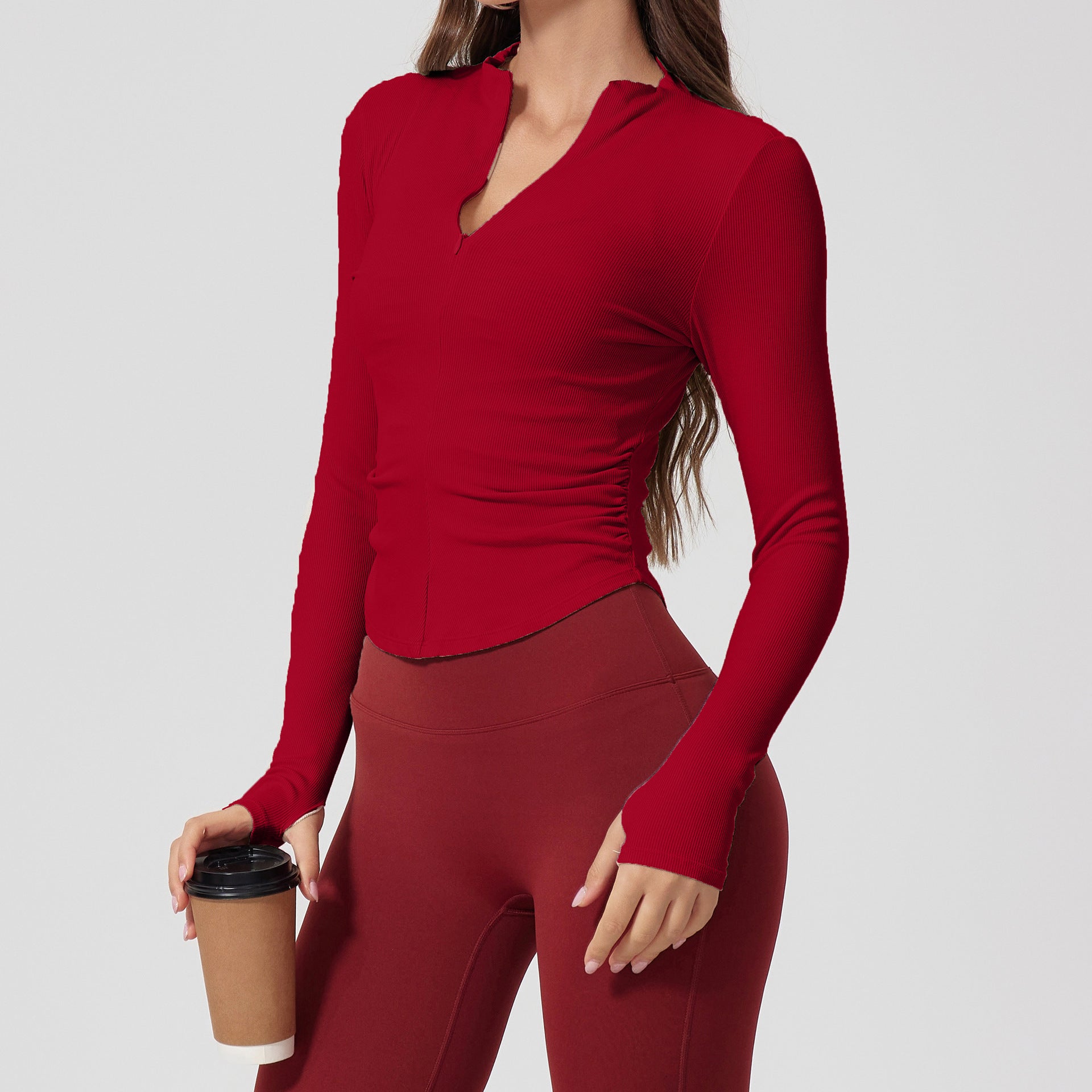 A55 Slim Fit Long Sleeve SweatShirt Ribbed Yoga Tops Outdoor Sports Outfits Stretch Half Zip Training Shirt Thumb Hole