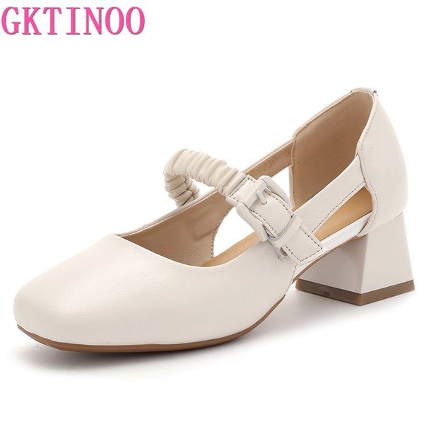 GKTINOO 2023 New Genuine Leather Round Toe Hollow Sandals for Women Thick Heeled Shoes Large Size Shallow Mouth Mid Heel Shoe