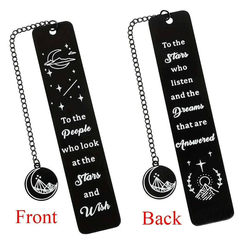 TEMU 1pc Black Stainless Steel Bookmark With Inspirational Quote And Astronomical Charms - Elegant Double-sided Design, Page Marker, Ideal Gift For