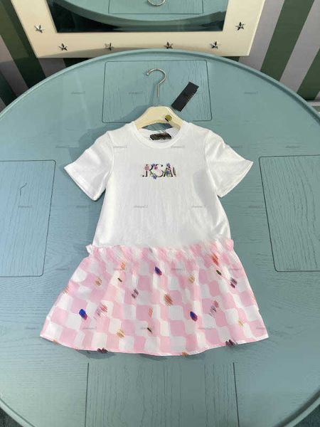 Luxury baby skirt Pink checkered skirt hem Princess dress Size 100-160 CM kids designer clothes summer Short sleeved girls partydress