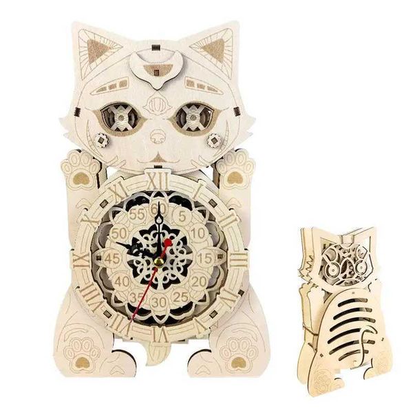 3D Wooden Puzzles For Adults 3D Wooden Puzzle Cat Clock Kit 3D Cat Clock Design Wood Craft Hobbies Kit For Living Room CoffeeC250108