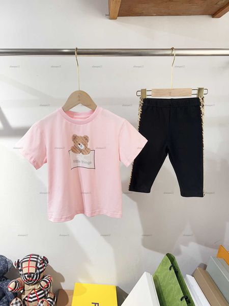 Luxury girls tracksuits Summer Short-sleeved suit baby Two piece set kids designer clothes Cute pink crew neck T-shirt and tight shorts
