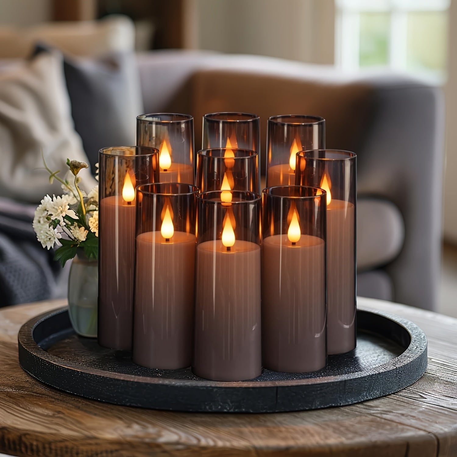 TEMU Grey Flameless Candles 9 Set, Battery Operated Candles With Remote Control And Timer, Flickering Led Pillar Candles For Home Halloween Decor,