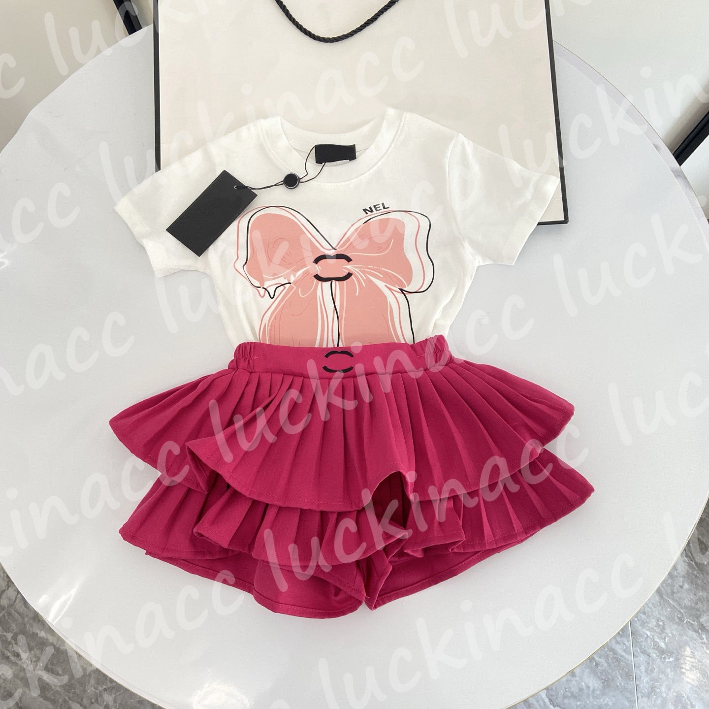 Designer Summer Children Dress Vintage Short Sleeves Dress Summer Princess Ball Gown Party Bow Dress Set Fashion Skirts Kids Luxury Skirt