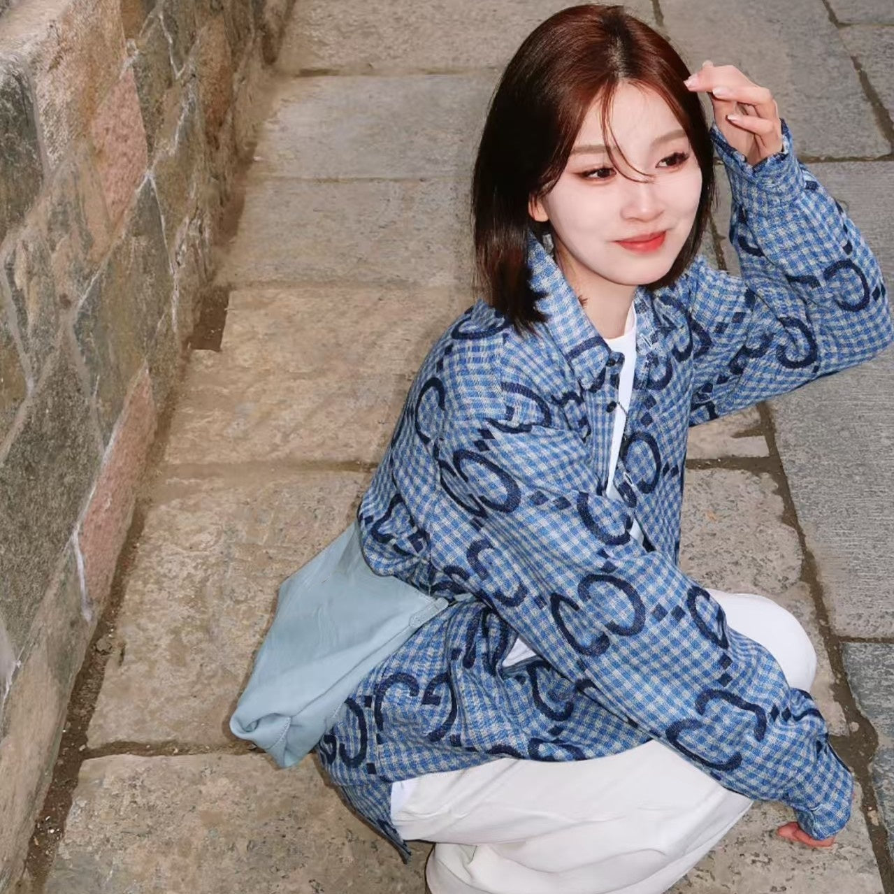 Designer Women&#039;s Blouses & Shirts Full print blue retro checkered shirt cardigan with lazy style sun protection jacket