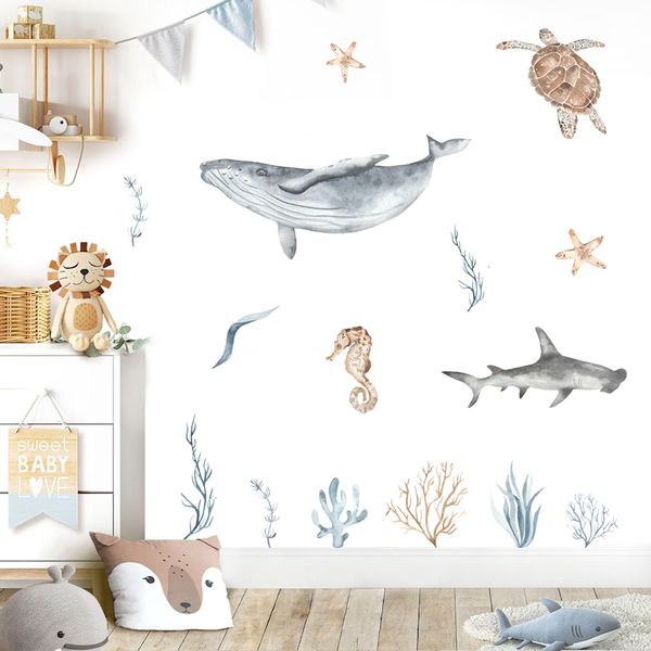 Party Decoration Cartoon Whale Turtle Ocean Animal Seaweed Watercolor Kids Wall Sticker Vinyl Nursery Art Decals for Babys Boys Room Home De