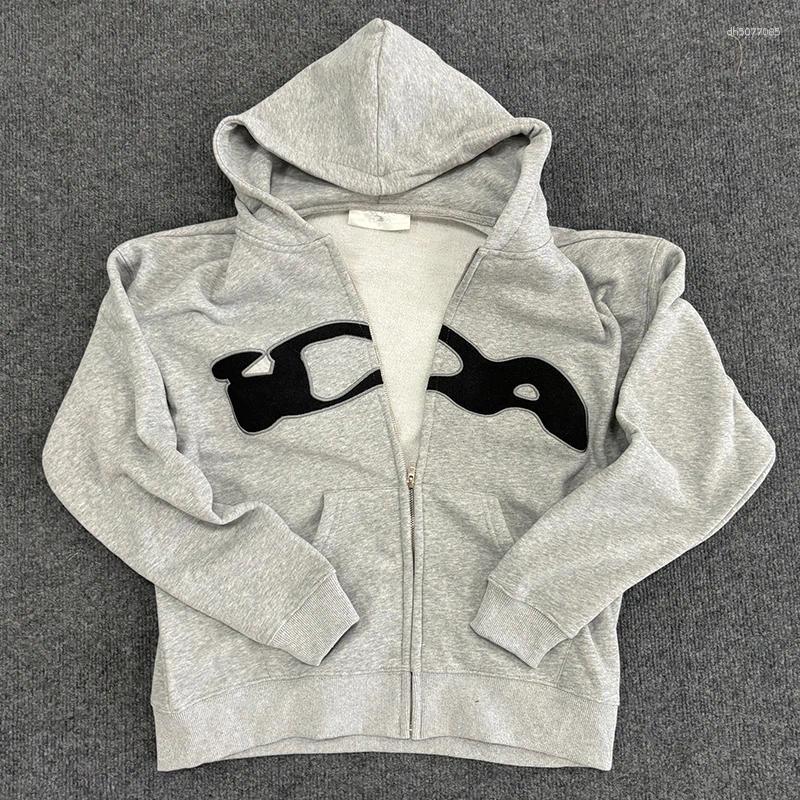 Men&#039;s Tracksuits Women Hoodie Harajuku Ida Sply Chest Towel Embroidery Label Zipper Cotton Sweatshirts Men Casual Gray Loose Pullovers