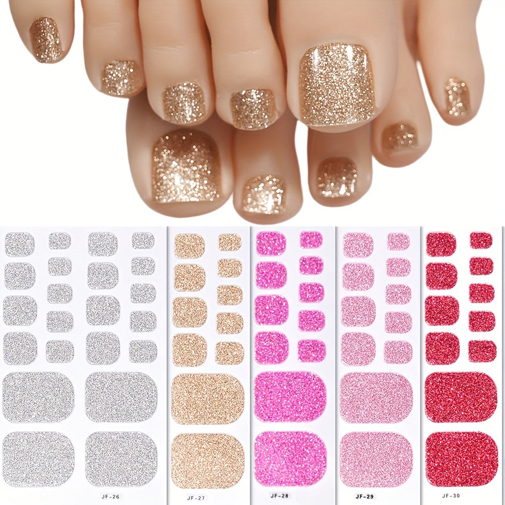 TEMU 5 Sheets Y2k Glitter Toe Nail Wraps - Full Coverage Self-adhesive Nail Stickers For Women &, Diy Spring-summer Nail Art Supplies In Pink, Red,