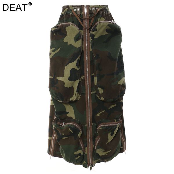 Skirts DEAT Fashion Women&#039;s Skirt High Waist Camouflage Threedimensional Zipper Pocket Side Split Summer 2023 17A6284 230424