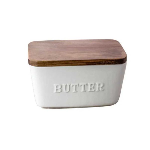 White and Acacia Wood Porcelain Embossed Butter Dish Porcelain is dishwasher safe Microwave safe Hand wash and dry acacia lid Y240902