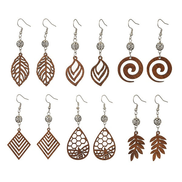 6 paire de 6 styles de boucles d'oreilles pendantes en bois de noyer naturel avec perles en alliage pour femmes