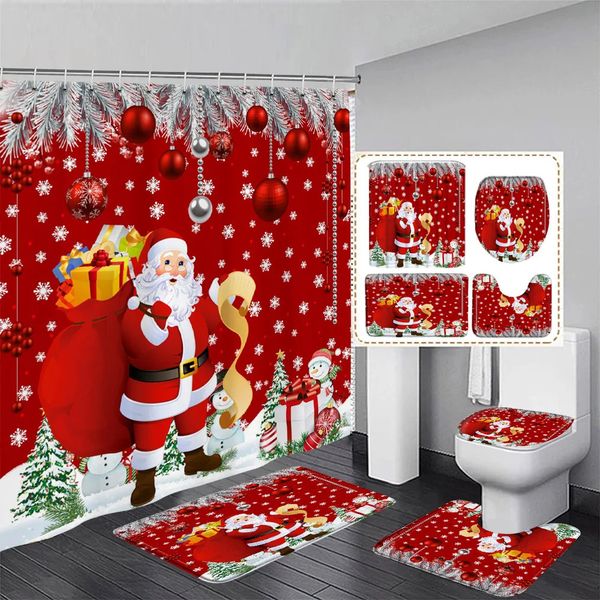 Shower Curtains Funny Santa Claus Shower Curtain Set Snowman Xmas Trees Balls Snowflakes Red Christmas Decor Bathroom Bath Mats Toilet Lid C