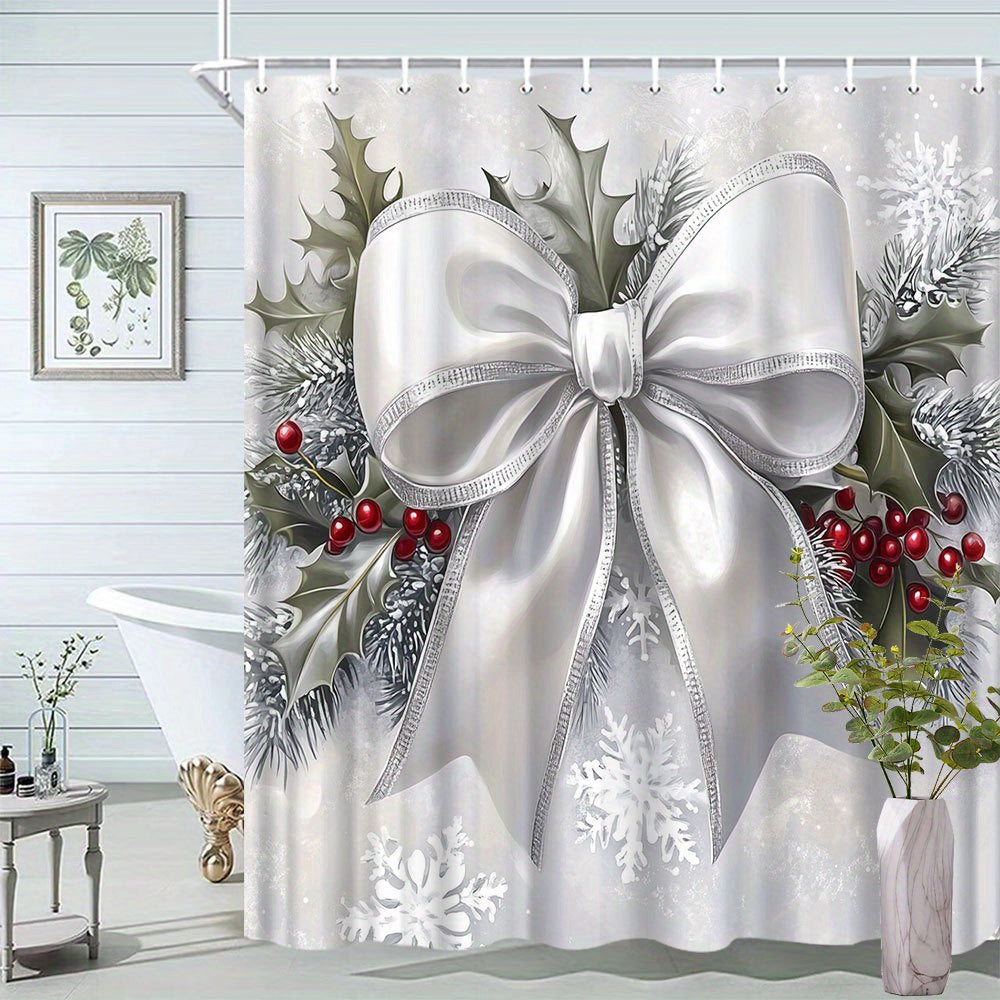 TEMU 1pc Elegant Winter Wreath Shower Curtain - White Satin Bow With Holly Leaves & Red Berries, Snowflake Design, 12 Hooks, 70. 86x70. 86 Inches,