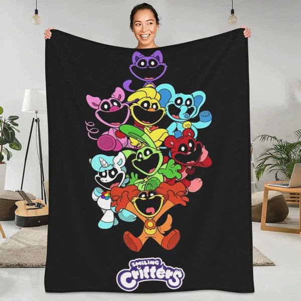 S-Smiling Critters French Fluffy Blanket Cartoon Cat Day Dog Day Video Game Warm and Soft Throwing Blanket Fluffy Bed Sofa Bed Cover Y241228