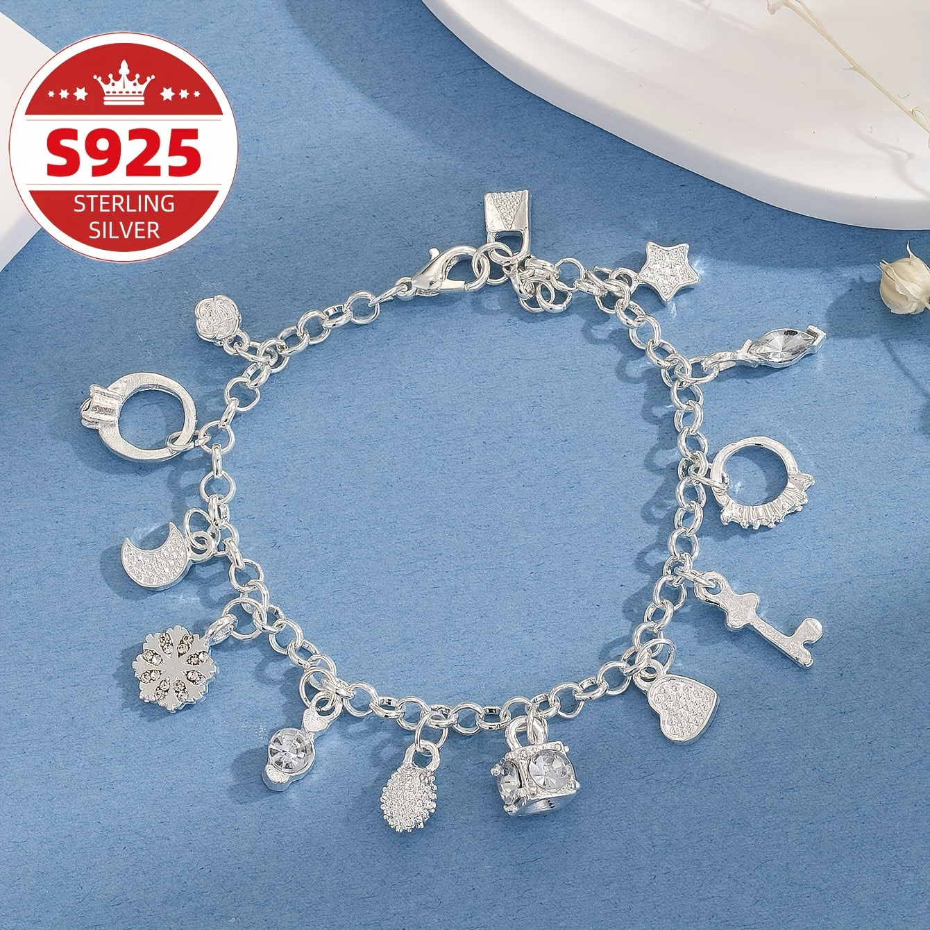 TEMU S925 Sterling Silver Fashionable Pendant Bracelet, Women's Multi-element Fashionable Simple Jewelry, Women's Jewelry, Essential For Girls,