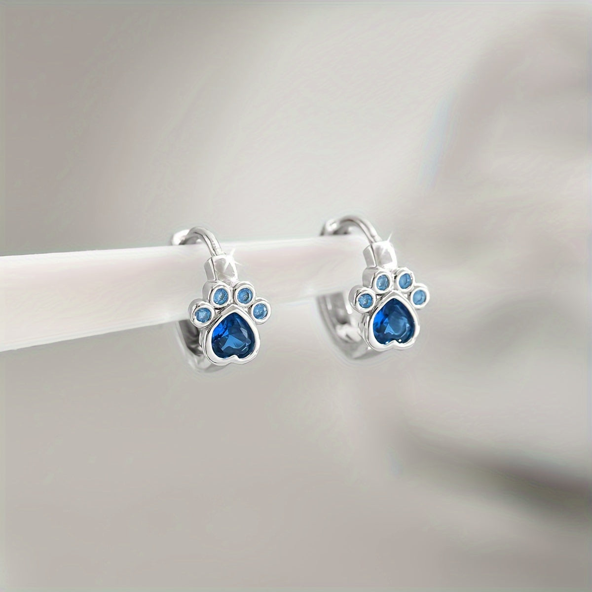 TEMU 1 Pair Of Adorable Dog Paw Print Copper Zirconia Stud Earrings - Cute & Fashionable, Golden-tone With Blue Gemstone, Parties & Casual Attire,