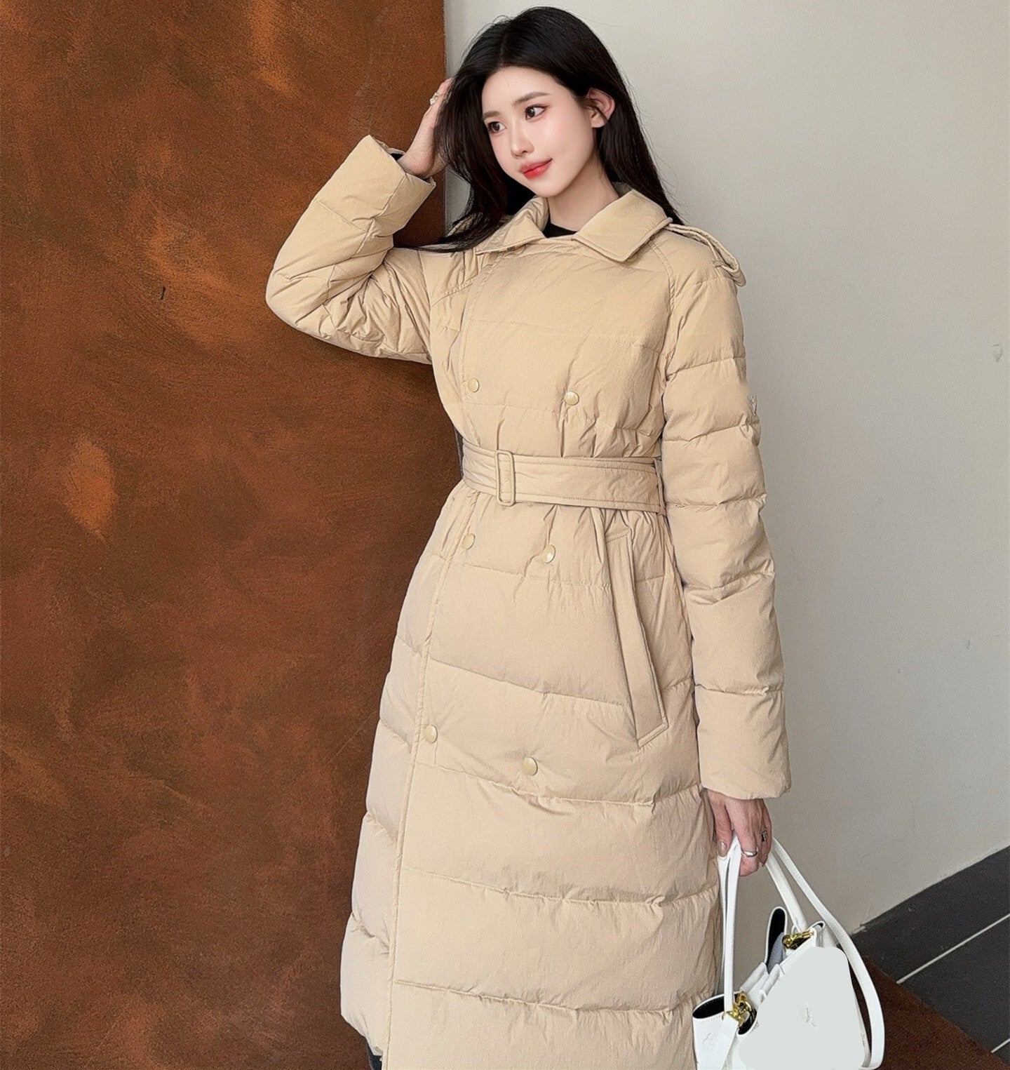 Womens Premium Mid Long Down Jacket Luxury Fashion Coat Belted Slim Fit Lightweight Warm Outerwear White Goose Down Elegant Puffer Style