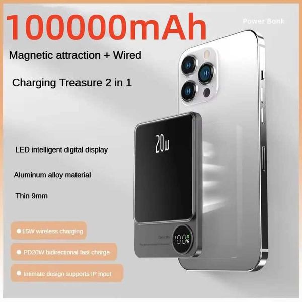 Cell Phone Power Banks Power Bank 100000mAh 50000mAh Fast Charge Powerbank for iPhone 15-14-13-12 Ultra-thin Magnetic Power Bank Fast Chargi