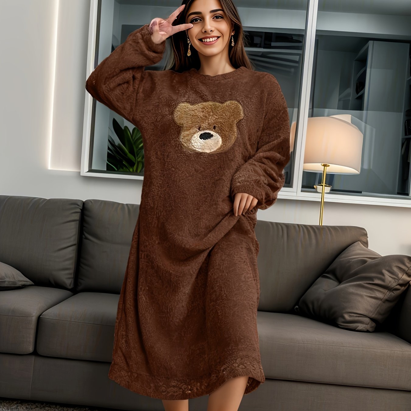 TEMU Women's Fleece Sleepwear Dress, Long Sleeve Round Neck Loose Fit Midi Dress, Comfortable Nightgown For Autumn & Winter