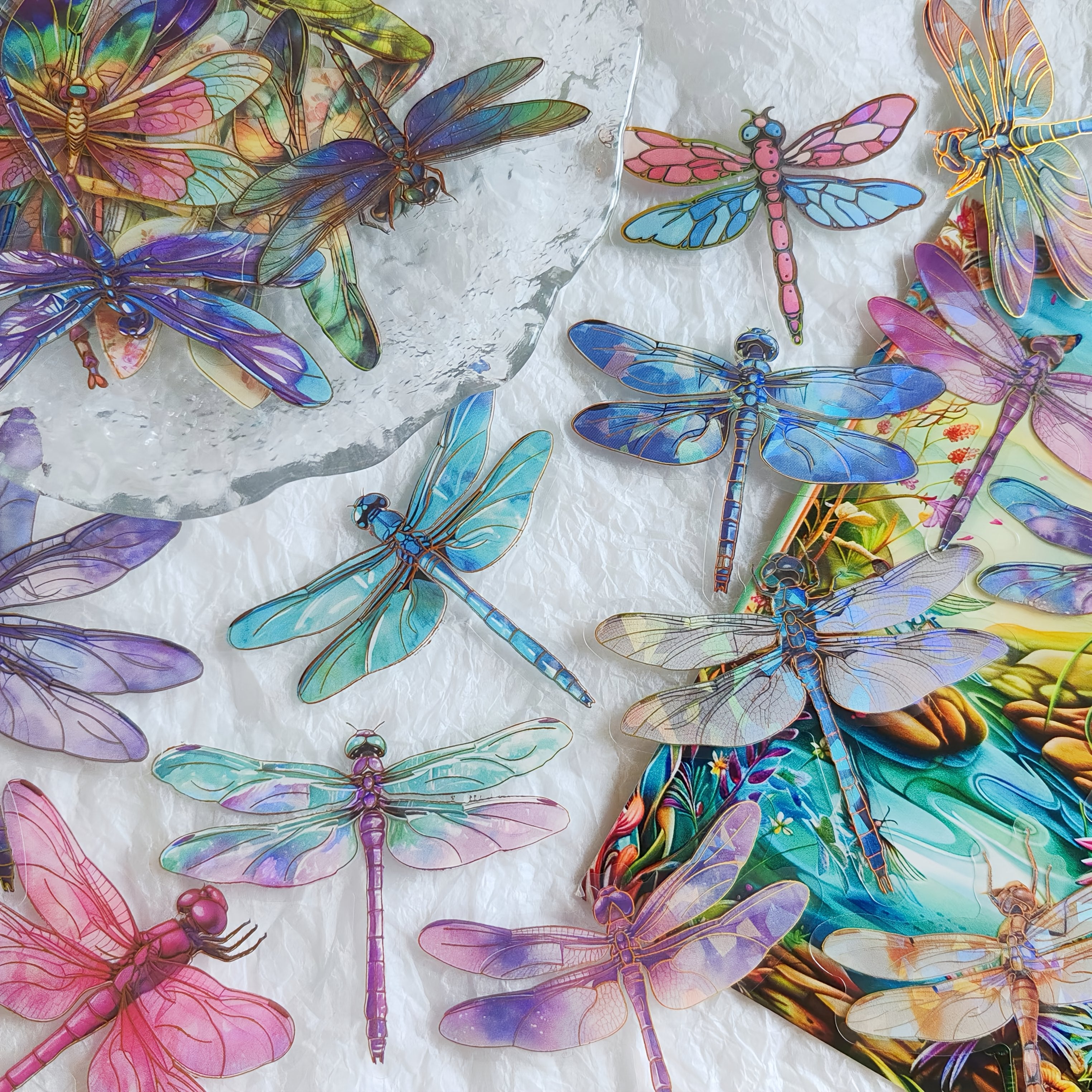 TEMU 50pcs Of Gorgeous Dragonfly Doodle Stickers, Reusable And Self-adhesive, With Glittering Laser Effect, Iridescent Vinyl Decals For Scrapbooking,