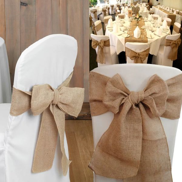 10 packs of natural Burlap chairs Sashes Hessian Jute Bow for party birthday banquet reception wedding chair decoration 241113