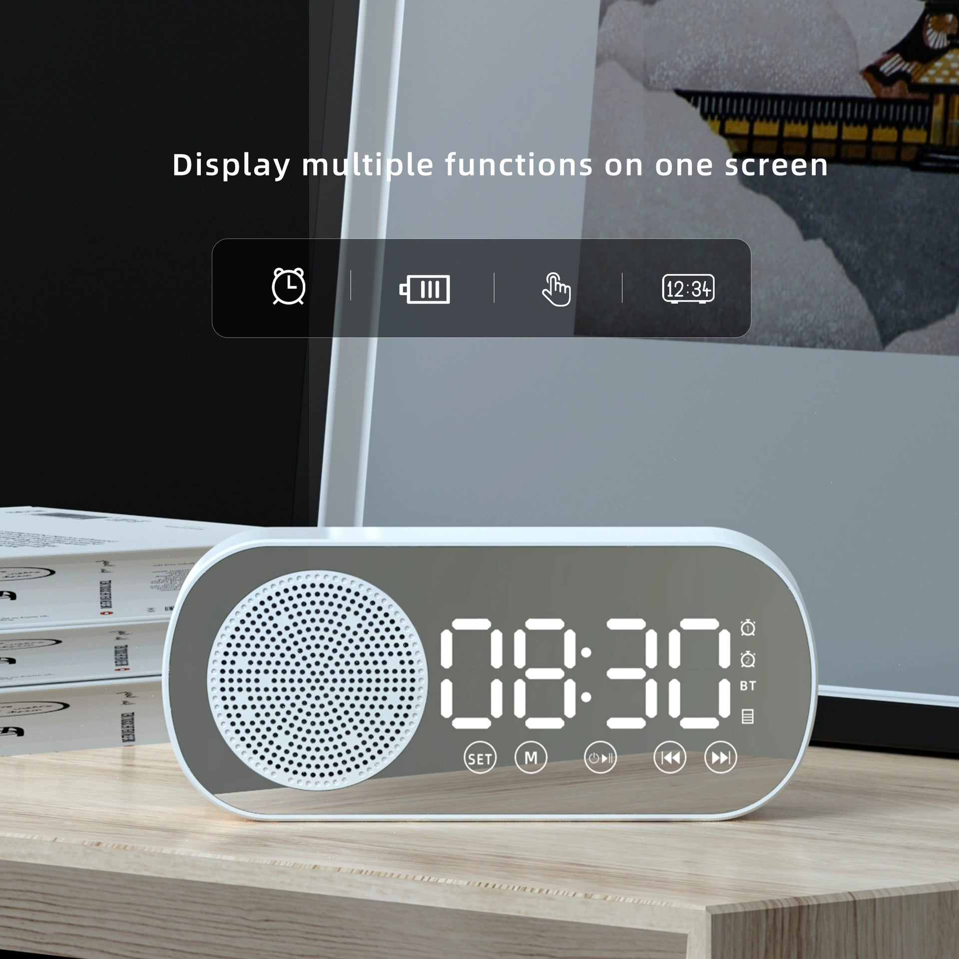 Smart Bluetooth Speaker Clock with Mirror Display, Dual Alarms & HIFI Bass | Portable Compact Desk Gadget for Home-Travel, FM-TF Card Music Gift Ide