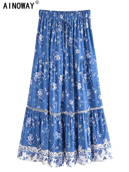 Skirts Vintage chic women&#039;s floral print summer elastic waist pleats Bohemian leather artificial silk cotton Bohemian beach A-line Maxi