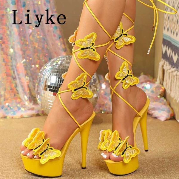 Sandals Like 2025 New Pink Yellow Cross Strap Platform Sandals Women Handmade Embroidery Butterfly Open Toe Elegant High Heels Shoes J250116