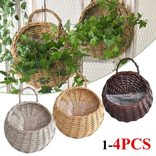 1-4PCS Hanging Planter Wall Mounted Handmade Wicker Flower Pot Hanging Woven Rattan Flower Plant Basket Balcony Garden Decor 240304