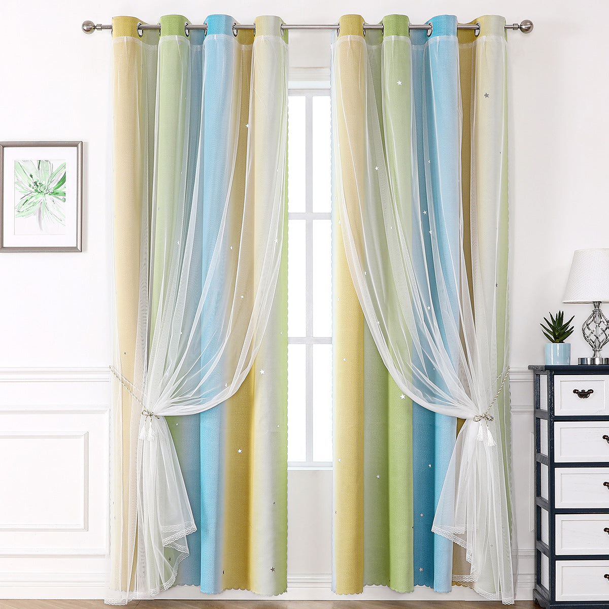 YL-36541 Morandi double curtain rainbow gradient stripe finished cloth yarn integrated blackout curtain