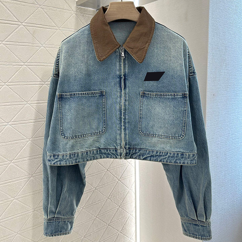 Brand Cropped Denim Jackets Womens Vintage Washed Jean Jackets With Leather Neck Street Style Long Sleeved Lapel Outerwear