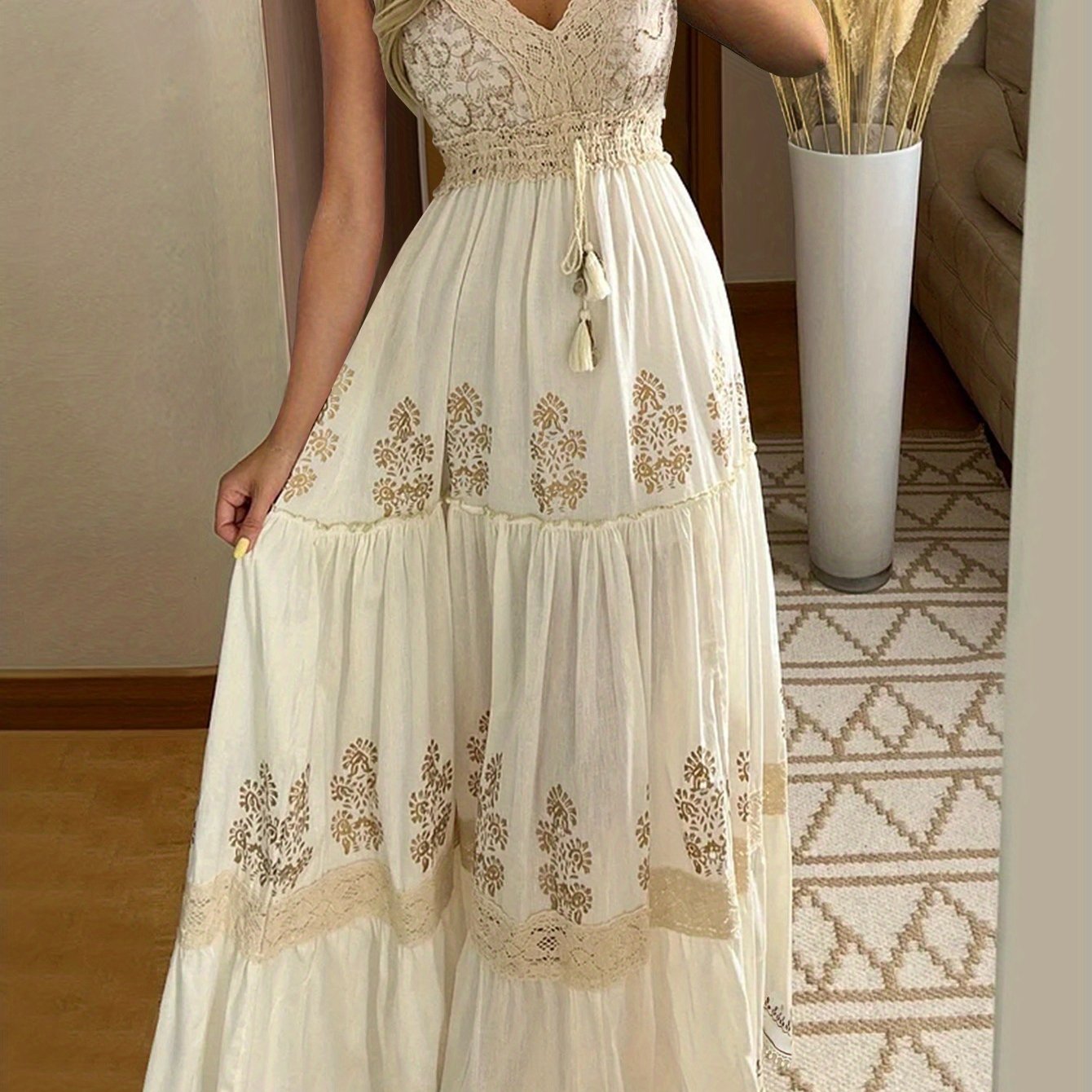 TEMU Positional Print, Women's Sleeveless Date Dress Dresses, Dinner Vacation, Ethnic Dresses Women's Sleeveless Dress Maxi Skirt, Lace Panel With