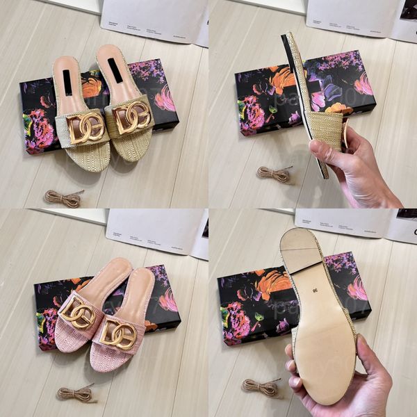 Straw Womens Designer slippers Woman gold buckle Sandals Beach Flip Flops Flat slides Women Women Graffiti Beach Plush Slides