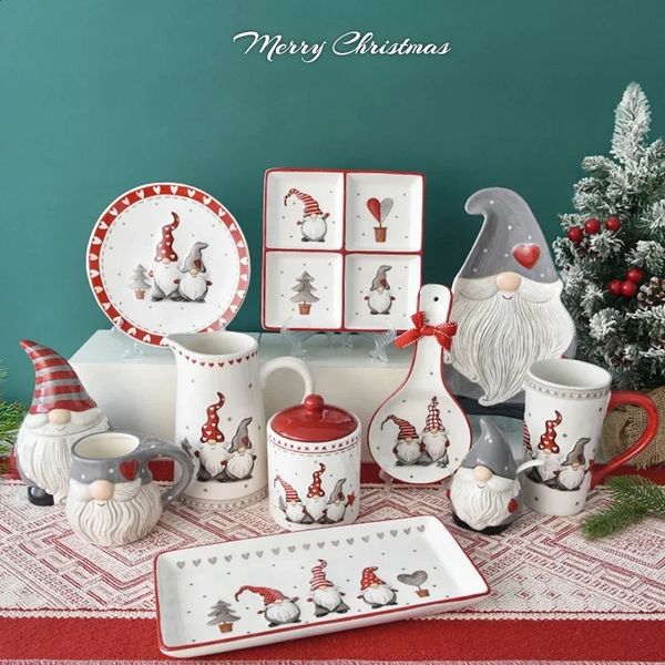 Nordic Creative Santa Claus Ceramic Tableware Set Dinner Board Snack Home Teapot Cup Sealed Can Christmas Gift 240927