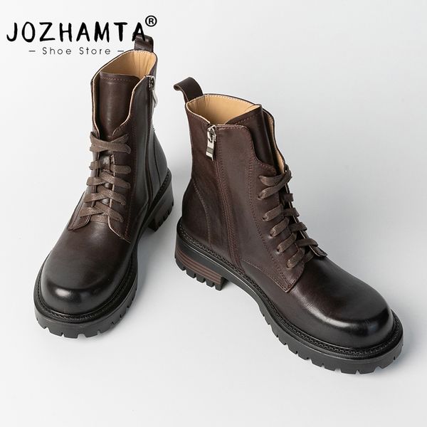 JOZHAMTA Size 33-41 Women Ankle Boots Genuine Leather Lace-Up Platform Shoes Thick Heels Fall Winter Short Booties Casual Office