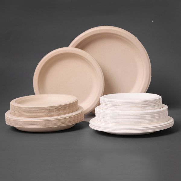 7-9 Inch 100% Compostable Heavy-Duty Eco-Friendly Disposable White Bagasse Plate Natural Sugarcane Fibers Biodegradable Paper Plates HW0161