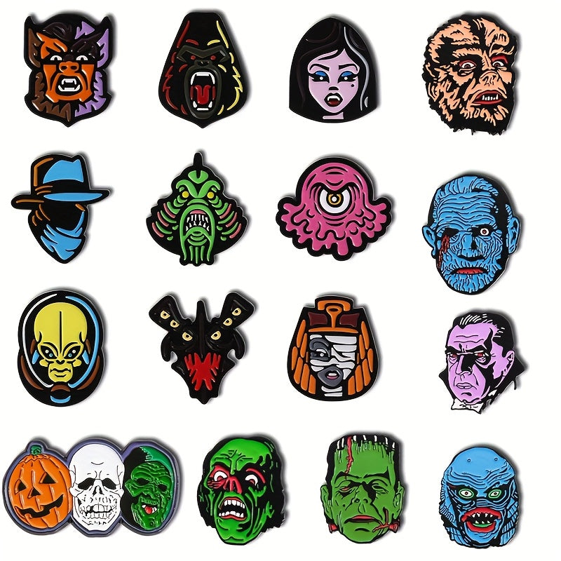 TEMU 16pcs Enamel Pins - Scary Cartoon Style Alloy Badges With Frankenstein, , Werewolf & Designs - Vibrant Mixed Colors For Backpacks, Jackets, Hats