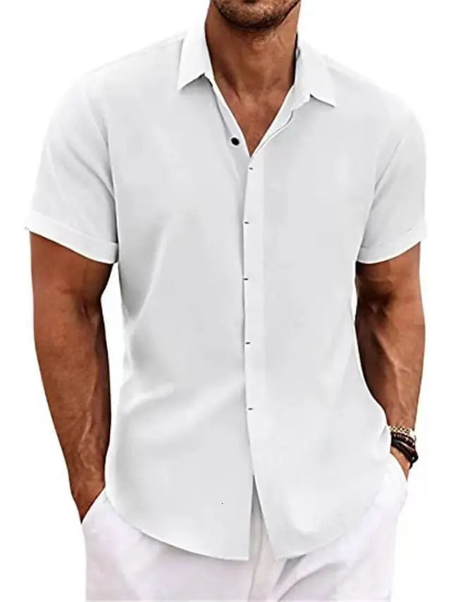 Mens White Shirt Short-sleeved Cotton Linen Comfortable Solid Color Basic Top Casual Black Button Blouses for Male 250814