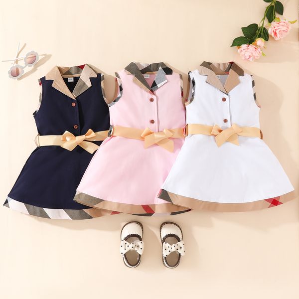 Cute Baby Girls Plaid Dresses Cotton Newborn Sleeveless Vest Dress With Bowknot Turn-Down Collar Infant Princess Dresses Toddler Skirts Girl