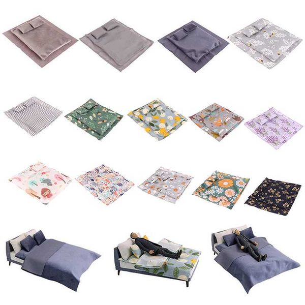 1-6 1-12 Doll House Model Furniture Accessories Cotton Bedding Set Bjd Ob11 Miniature Dollhouse Sheet Quilt Pillow Y240807