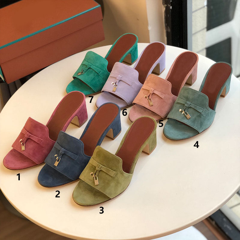 Summer Walk Loafers Suede Block Heels Slide Mule Slip Slippers Women Flat Shoes Peep Toes Sandals Genuine Leather Casual Mules Metal Lock Moccasin M
