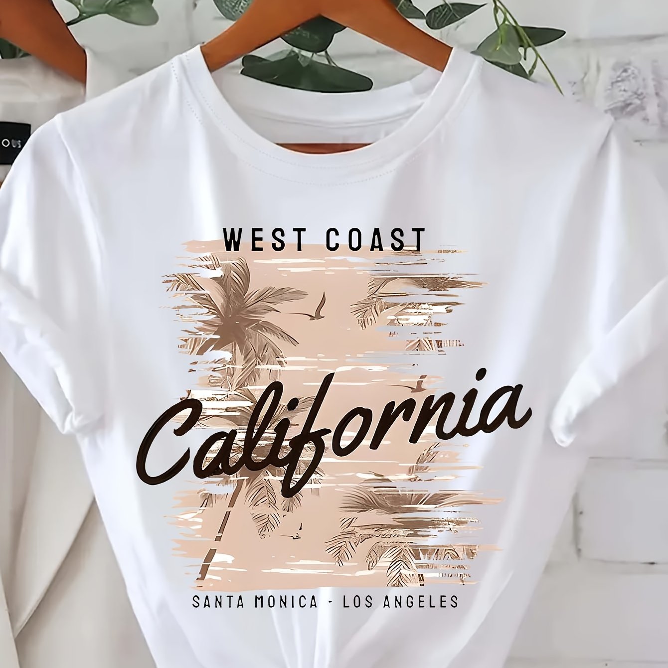 TEMU Women's West California Graphic T-shirt - Black Crew Neck Short Sleeve Top With Palm Tree & Beach Letter Print, Soft Breathable Fabric, Machine