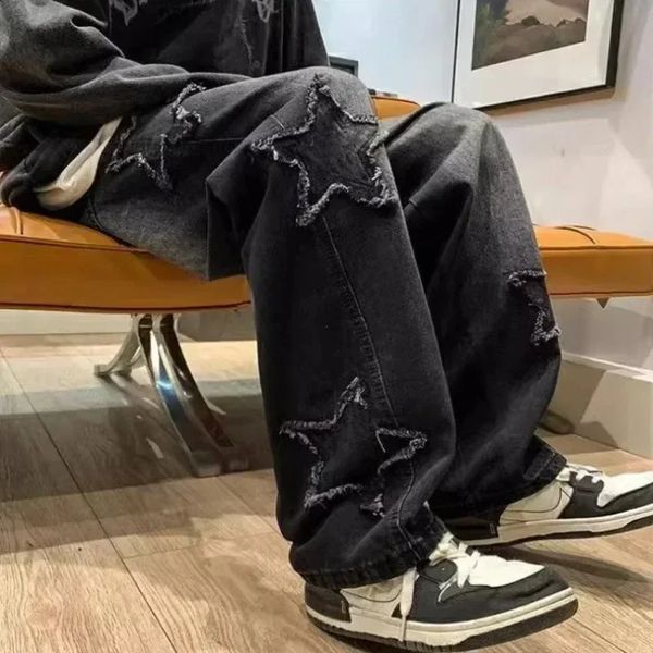 2024 Fashion Stars Towel Embroidery Brown Men Jeans Pants Y2K Clothes Straight Hip Hop Cotton Trousers Pantalon Homme 241223